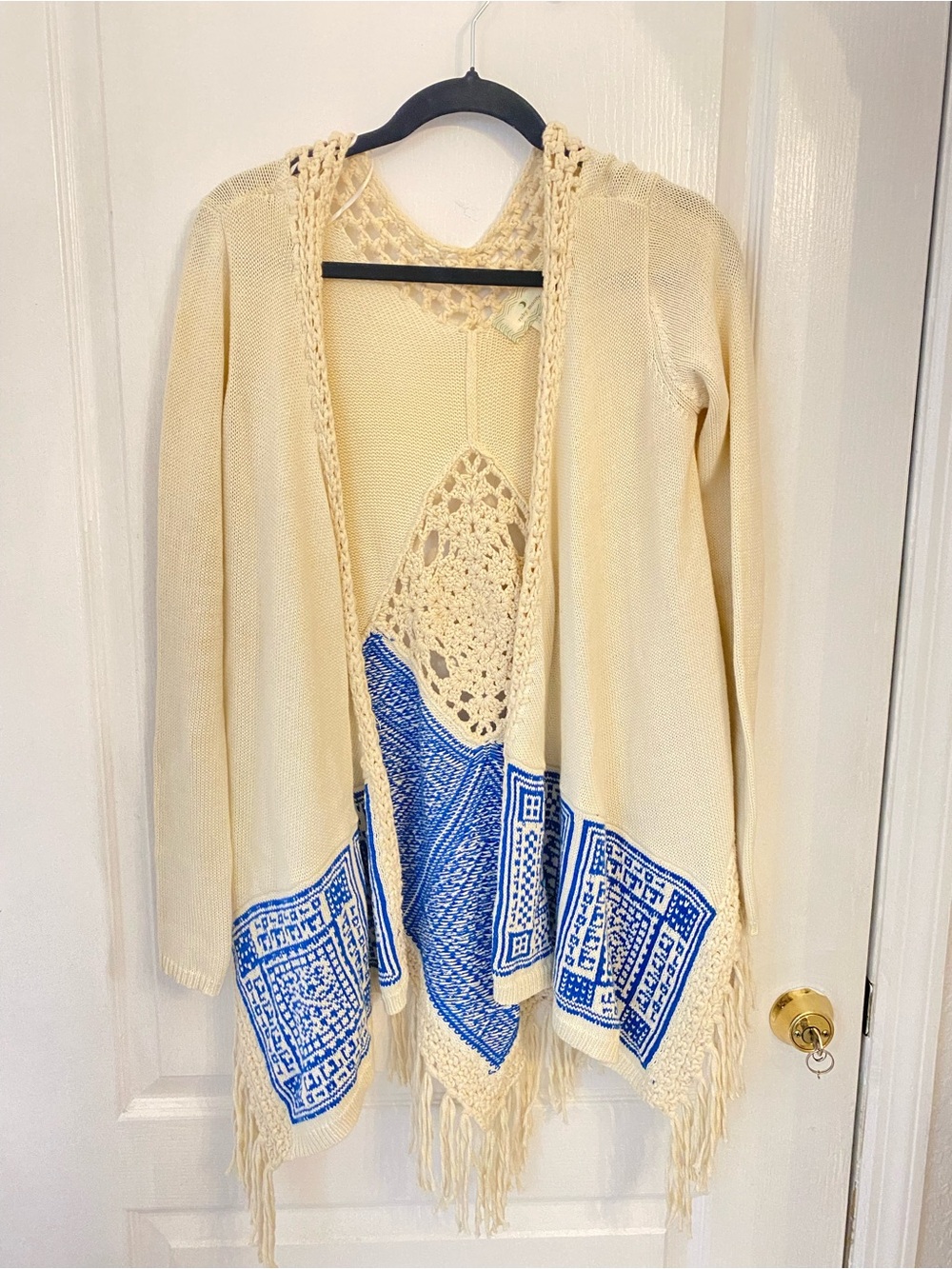 ruby moon Cream Open-Front Cardigan with Blue Crochet Accents